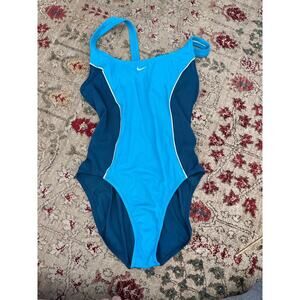 Nike Women's Blue Racing Suit color block One-Piece Swimsuit Size 14